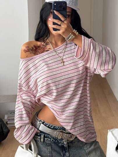 Coolane Women's Plus Size Summer Fall Streetwear Y2K Casual Elegant Oversize Pink White Stripe Asymmetrical Neck Knit Open Shoulder Long Sleeve T-Shirt