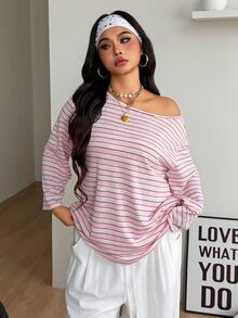 Coolane 女款大尺碼秋冬街頭風 Y2K 休閒優雅寬鬆粉白條紋不對稱領針織露肩長袖 T-shirt - 粉色 - 查看 3