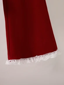 Elladie kids Tween女孩秋冬休閒T恤套裝，白色蕾絲領口與袖口飾邊，不對稱套頭高領，酒紅色純色針織長袖T恤上衣搭配酒紅色休閒喇叭長褲，2件套，適合秋冬返校季，優雅淑女風，簡約通勤，高質感日常穿搭，適用於學校、外出、度假與派對 - 酒紅色 - 查看 7