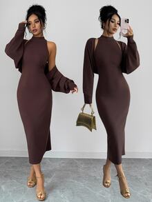 SHEIN Raffinéa Women's Solid Color Halter Neck Dress And Cardigan Knit Set Night Out Date Night Dark Brown Autumn Sexy - Coffee Brown - View 7