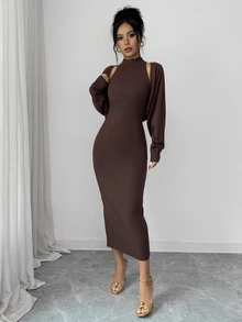 SHEIN Raffinéa Women's Solid Color Halter Neck Dress And Cardigan Knit Set Night Out Date Night Dark Brown Autumn Sexy - Coffee Brown - View 5