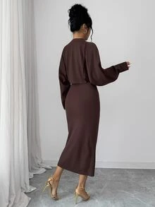 SHEIN Raffinéa Women's Solid Color Halter Neck Dress And Cardigan Knit Set Night Out Date Night Dark Brown Autumn Sexy - Coffee Brown - View 2
