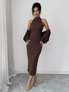 SHEIN Raffinéa Women's Solid Color Halter Neck Dress And Cardigan Knit Set Night Out Date Night Dark Brown Autumn Sexy - Coffee Brown - View 6