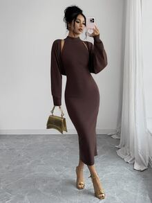 SHEIN Raffinéa Women's Solid Color Halter Neck Dress And Cardigan Knit Set Night Out Date Night Dark Brown Autumn Sexy - Coffee Brown - View 1