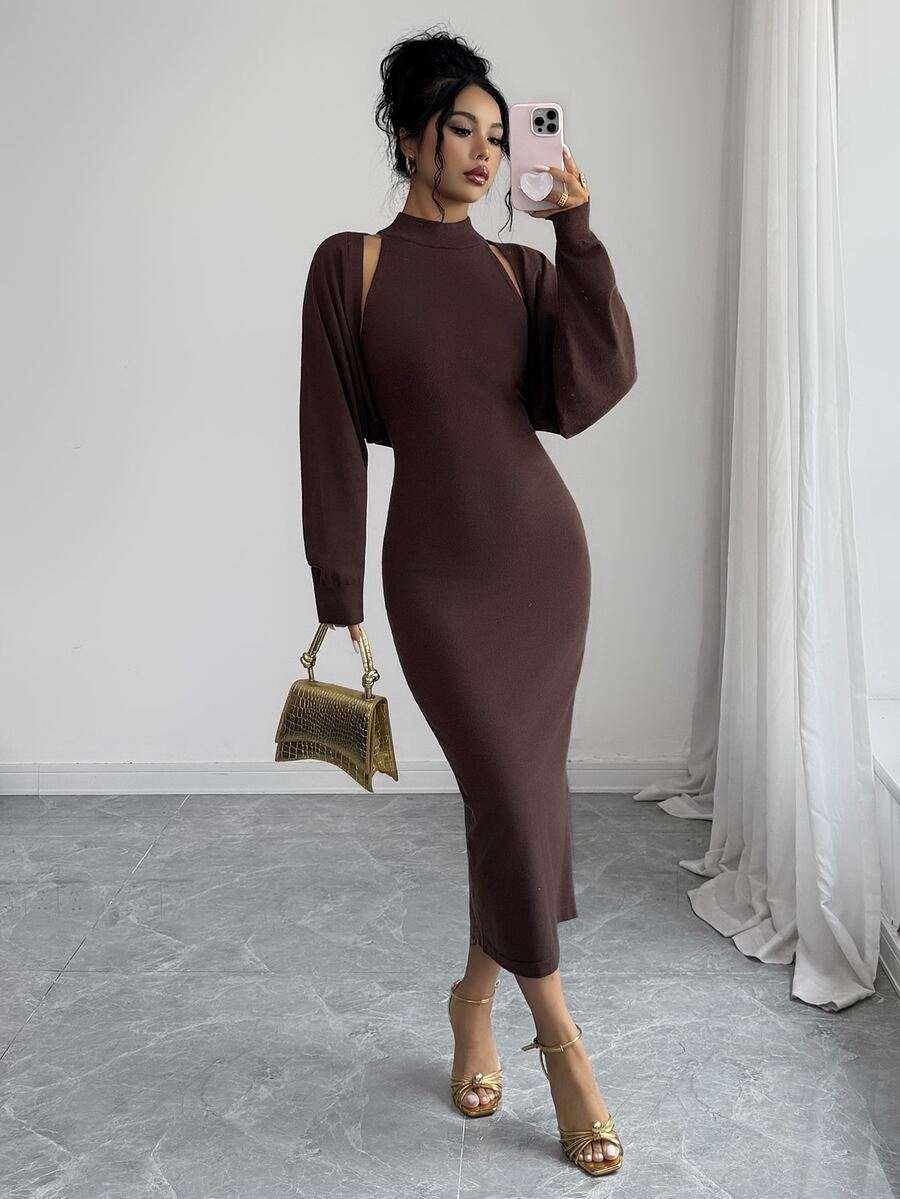 SHEIN Raffinéa Women's Solid Color Halter Neck Dress And Cardigan Knit Set Night Out Date Night Dark Brown Autumn Sexy - Coffee Brown - View 1