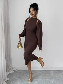 SHEIN Raffinéa Women's Solid Color Halter Neck Dress And Cardigan Knit Set Night Out Date Night Dark Brown Autumn Sexy - Coffee Brown - View 8