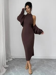 SHEIN Raffinéa Women's Solid Color Halter Neck Dress And Cardigan Knit Set Night Out Date Night Dark Brown Autumn Sexy - Coffee Brown - View 3