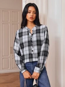 Écloséra Women's Plaid Casual Versatile Daily Wear Shirt - Black and White - View 2