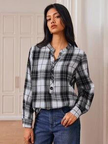 Écloséra Women's Plaid Casual Versatile Daily Wear Shirt - Black and White - View 3
