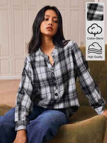 Écloséra Women's Plaid Casual Versatile Daily Wear Shirt - Black and White - View 8