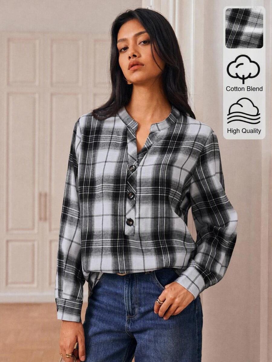 Écloséra Women's Plaid Casual Versatile Daily Wear Shirt - Black and White - View 1