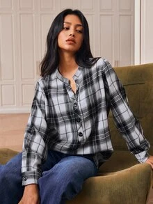 Écloséra Women's Plaid Casual Versatile Daily Wear Shirt - Black and White - View 9