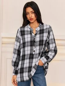 Écloséra Women's Plaid Casual Versatile Daily Wear Shirt - Black and White - View 7