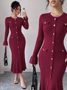 SHEIN Raffinéa Autumn/Winter Elegant Commuter Cocktail Office Knit Dress Burgundy - Burgundy - View 6