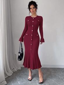 SHEIN Raffinéa Autumn/Winter Elegant Commuter Cocktail Office Knit Dress Burgundy - Burgundy - View 5