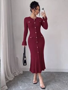 SHEIN Raffinéa Autumn/Winter Elegant Commuter Cocktail Office Knit Dress Burgundy - Burgundy - View 4