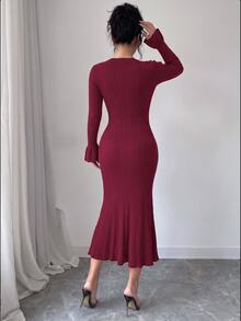 SHEIN Raffinéa Autumn/Winter Elegant Commuter Cocktail Office Knit Dress Burgundy - Burgundy - View 2