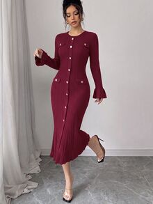 SHEIN Raffinéa Autumn/Winter Elegant Commuter Cocktail Office Knit Dress Burgundy - Burgundy - View 3