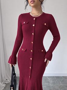 SHEIN Raffinéa Autumn/Winter Elegant Commuter Cocktail Office Knit Dress Burgundy - Burgundy - View 1
