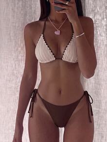 SHEIN Swim بدلة سباحة بيكيني مثلثية بحمالة رقبة مع حواف متباينة - متعدد الألوان - مشاهدة 1