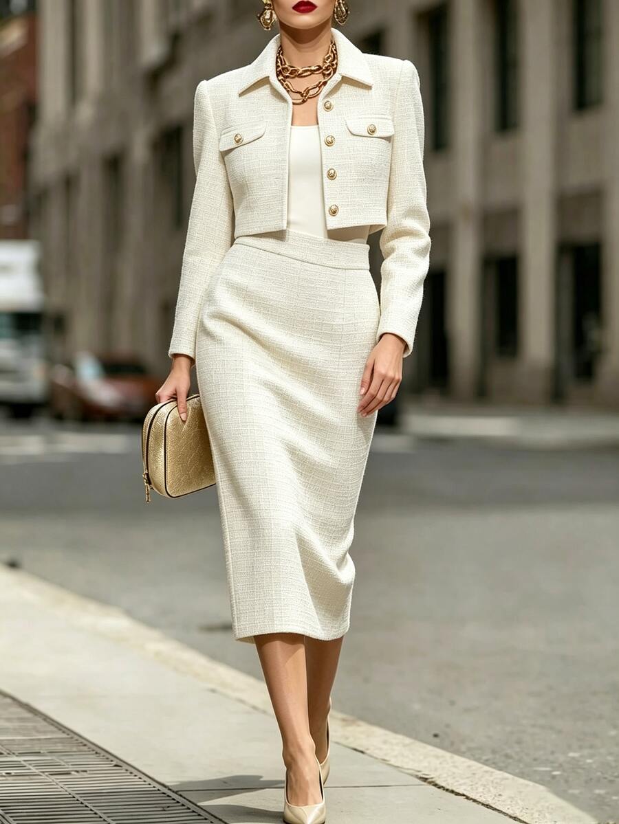 LUMIGAL Women's Tweed Jacket And Skirt 2 Pieces Set - Apricot - View 1