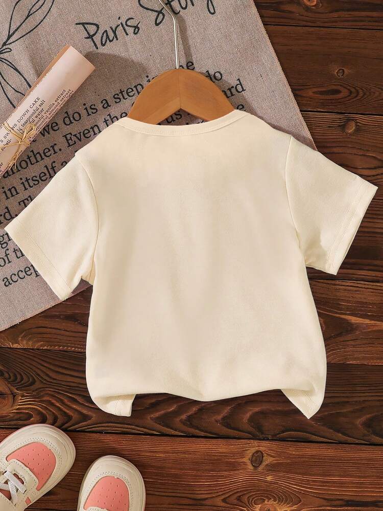 SHEIN Beige Summer Casual Cute Graduation Back-To-School Baby Girls Short T-Shirt,Floral Leaf Heart Graphic Letter Print Fresh Minimalist Fashionable Top - Beige - View 2