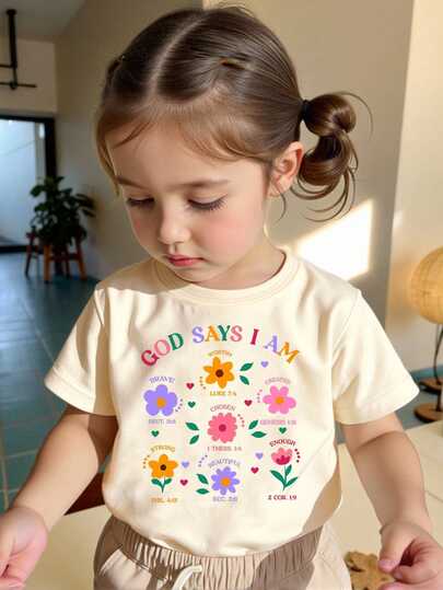 SHEIN Beige Summer Casual Cute Graduation Back-To-School Baby Girls Short T-Shirt,Floral Leaf Heart Graphic Letter Print Fresh Minimalist Fashionable Top