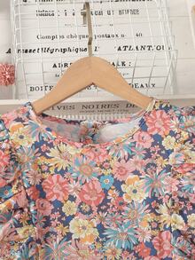SHEIN Tween女孩秋冬休閒法式優雅碎花長袖圓領荷葉邊收腰拼接洋裝，適合秋季出遊、開學季、日常穿著 - 粉色 - 查看 6