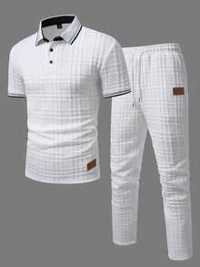 EGENSIO Men's Knitted Jacquard Solid Color Textured Collar & Cuffs Ribbed Patchwork Collar 3-Button Black Polo Set - White - View 4