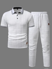EGENSIO Men's Knitted Jacquard Solid Color Textured Collar & Cuffs Ribbed Patchwork Collar 3-Button Black Polo Set - White - View 3