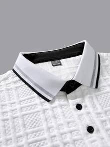 EGENSIO Men's Knitted Jacquard Solid Color Textured Collar & Cuffs Ribbed Patchwork Collar 3-Button Black Polo Set - White - View 6