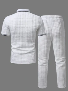 EGENSIO Men's Knitted Jacquard Solid Color Textured Collar & Cuffs Ribbed Patchwork Collar 3-Button Black Polo Set - White - View 2