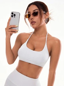 Slayform Slayform Women's Solid Color Simple Daily Halter Sports Bra - White - View 5