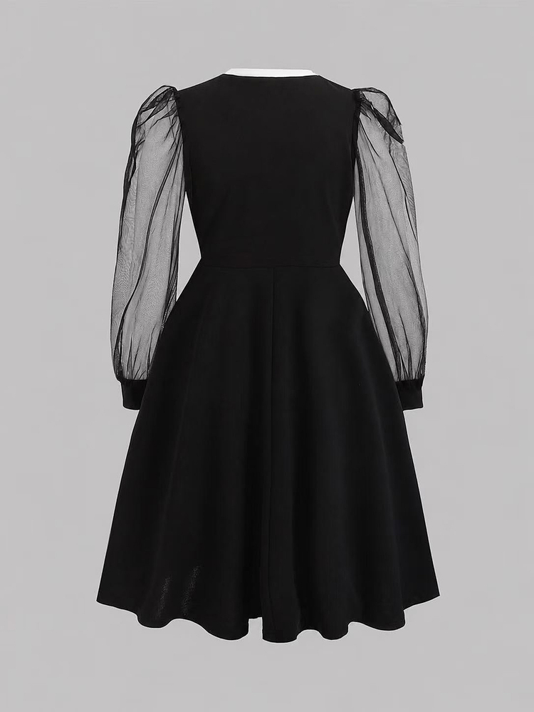 SHEIN Kids Tween Girl Autumn Black Mesh Long Sleeve Beaded Round Neck Cute Elegant Back To School Holiday Dress - Black and White - View 3