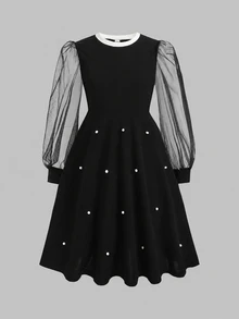 SHEIN 兒童青少年女孩秋季黑色網紗長袖綴珠圓領可愛優雅返校假期洋裝 - 黑與白 - 查看 2