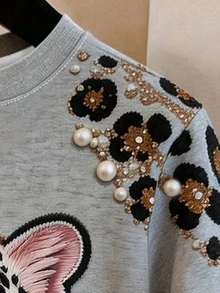 SHEIN 青少年女孩 T-shirt 上衣，仿刺繡綴珠灰色豹紋印花，寬鬆版型，夏季穿搭，可愛街頭風，返校休閒正裝 - 彩色 - 查看 7