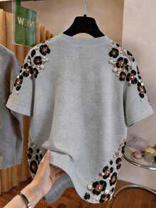 SHEIN 青少年女孩 T-shirt 上衣，仿刺繡綴珠灰色豹紋印花，寬鬆版型，夏季穿搭，可愛街頭風，返校休閒正裝 - 彩色 - 查看 4