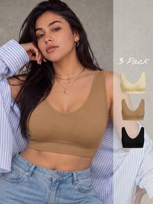 Esseday 3 Packs Ribbed Knit Deep V Neck Seamless Wireless No Padding Bralette Wide Strap Plus Size Women Underwear - Multicolor - View 3