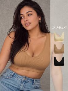 Esseday 3 Packs Ribbed Knit Deep V Neck Seamless Wireless No Padding Bralette Wide Strap Plus Size Women Underwear - Multicolor - View 1