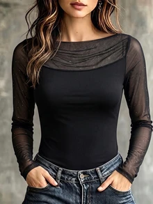 Rafferiza Women's Mesh Patchwork Slim Fit Versatile Casual Top - Black - View 4