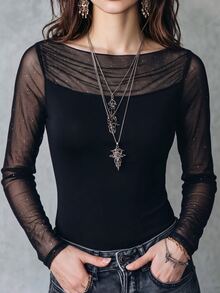 Rafferiza Women's Mesh Patchwork Slim Fit Versatile Casual Top - Black - View 3