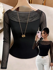 Rafferiza Women's Mesh Patchwork Slim Fit Versatile Casual Top - Black - View 1