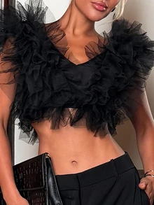 Sandy Gomes Elegant Versatile V-Neck Chiffon Layered Ruffle Trim Camisole - Black - View 4