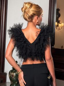 Sandy Gomes Elegant Versatile V-Neck Chiffon Layered Ruffle Trim Camisole - Black - View 2