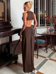 Sandy Gomes 女士棕色无袖修身连衣裙，鱼尾下摆，适合度假、日常通勤、春夏穿着 - 棕色 - 查看 3