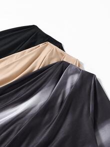 SHEIN Unity Setelan Tiga Potong Lengan Panjang Tanpa Bahu untuk Wanita, Cocok Dipakai Sendirian atau Sebagai Lapisan Dasar, Menampilkan Motif Gelombang Retro dan Kaos Polos - MultiWarna - View 7