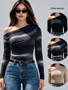 SHEIN Unity Setelan Tiga Potong Lengan Panjang Tanpa Bahu untuk Wanita, Cocok Dipakai Sendirian atau Sebagai Lapisan Dasar, Menampilkan Motif Gelombang Retro dan Kaos Polos - MultiWarna - View 3