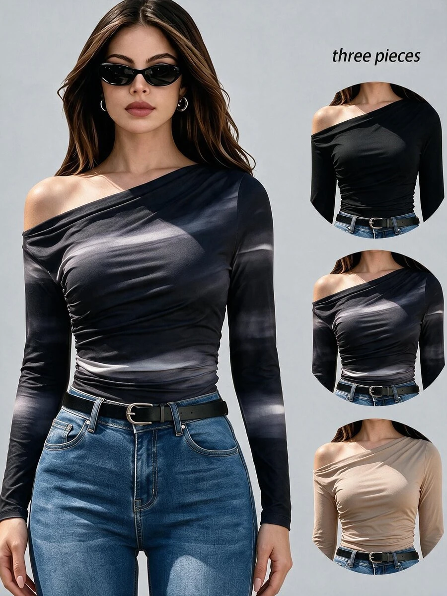 SHEIN Unity Women's Off-Shoulder Long-Sleeve Three-Piece Set, Suitable For Wearing Alone Or As A Base Layer, Featuring Retro Wave Prints And Solid-Colored T-Shirt - Multicolor - View 1