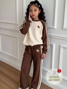 (1套)Tween女孩秋冬款劍馬輕卡其色與咖啡棕色條紋插肩袖圓領衛衣搭配寬腿褲 - 彩色 - 查看 4