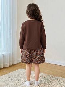 Cute Floral Bow Print, Chill Chill, Young Girls Vintage Versatile Maillard Color Floral Patchwork Sweatshirt Dress, Street Retro Style, Easy And Comfortable, Children's Autumn Layering, Y2K, Sports Outfit, Outing, Street Photography, Campus, Thermal Lined - Multicolor - View 2